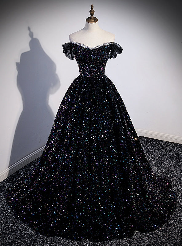 Black Sequins Off the Shoulder Prom Dress