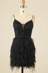 Black Sequins Tight Homecoming Dress with Feathers