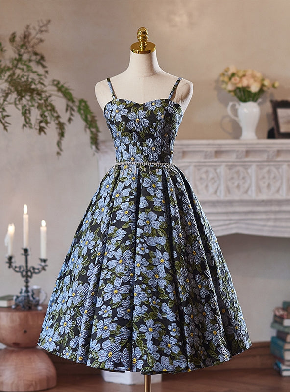 Black Spaghetti Straps Flower Print Homecoming Dress