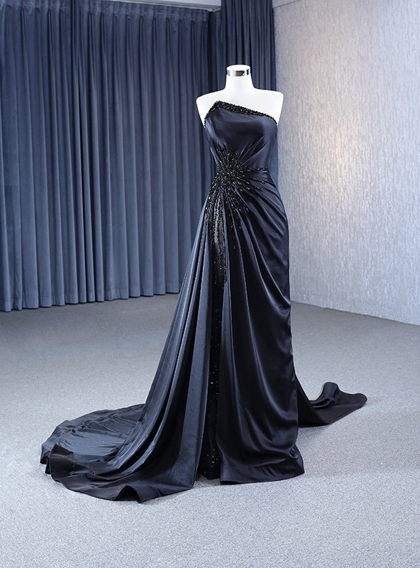 Black Strapless Satin Pleats Beading Prom Dress