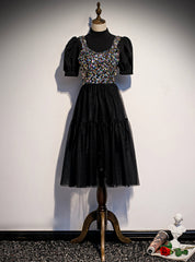 Black Tulle Sequins Short Sleeve Short Prom Dress