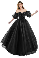 Black Tulle Sequins Sweetheart Prom Dresses Spaghetti Straps Evening Quinceanera Dresses