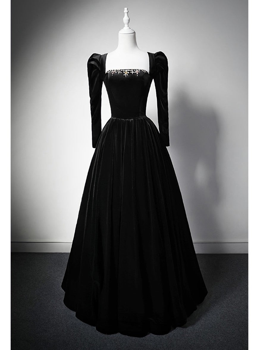 Black Velvet Long Sleeve Crystal Prom Dress