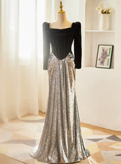 Black Velvet Silver Sequins Long Sleeve Prom Dress