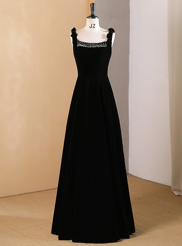 Black Velvet Straps Beading Prom Dress