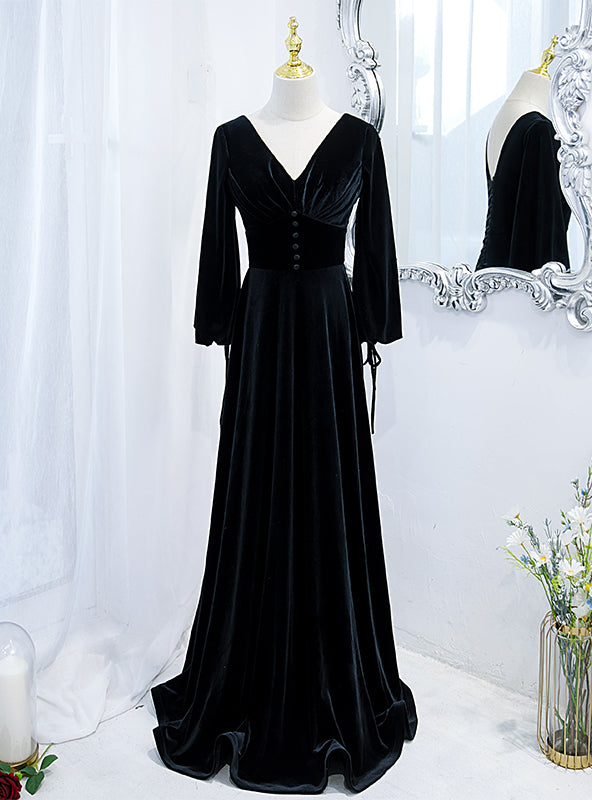 Black Velvet V-neck Long Sleeve Prom Dress