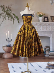 Black Yellow Print Strapless Homecoming Dress