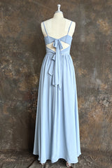 Blue A Line Spaghetti Straps V-Neck Pleated Floor Length Chiffon Long Bridesmaid Dress