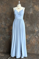 Blue A Line Spaghetti Straps V-Neck Pleated Floor Length Chiffon Long Bridesmaid Dress