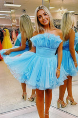 Blue A-Line Strapless Ruffled Short Homecoming Dress