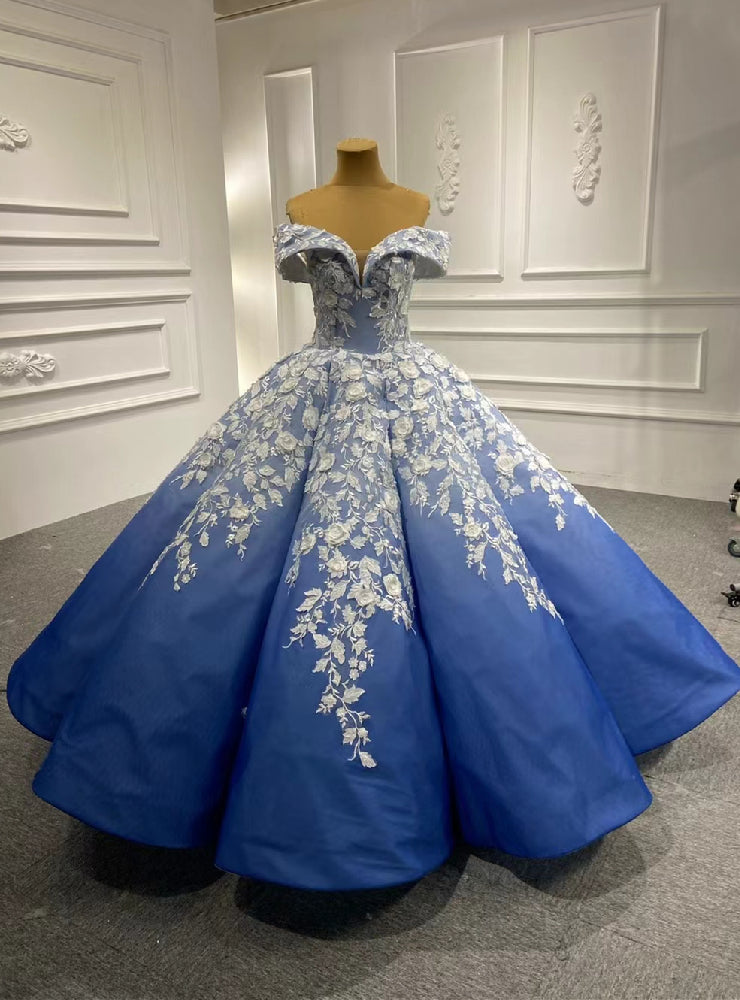 Blue Ball Gown Off the Shouler Appliques Prom Dress