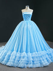 Blue Ball Gown Sequins Strapless Pleats Sleeveless Prom Dress