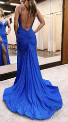 Blue Beading Prom Dress with Slit