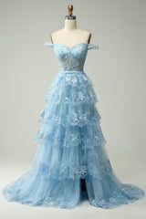 Blue Corset Tiered Lace Prom Dress with Slit