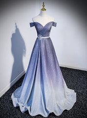 Blue Gradient Off the Shoulder Prom Dress