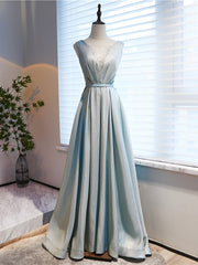 Blue Illusion V-neck Pleats Beading Prom Dress