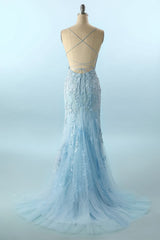 Blue Lace Mermaid Backless Prom Formal Dress