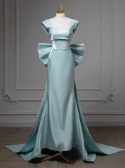 Blue Mermaid Satin Bow Prom Dress