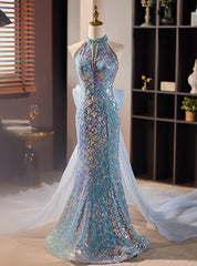 Blue Mermaid Sequins Beading Prom Dress