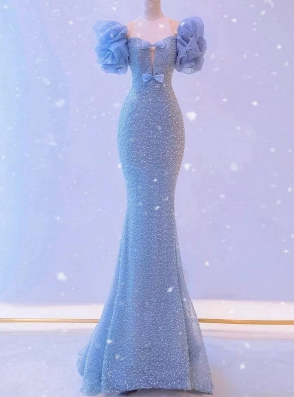 Blue Mermaid Sequins Bow Prom Dress