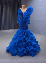 Blue Mermaid Tulle Beading Prom Dress