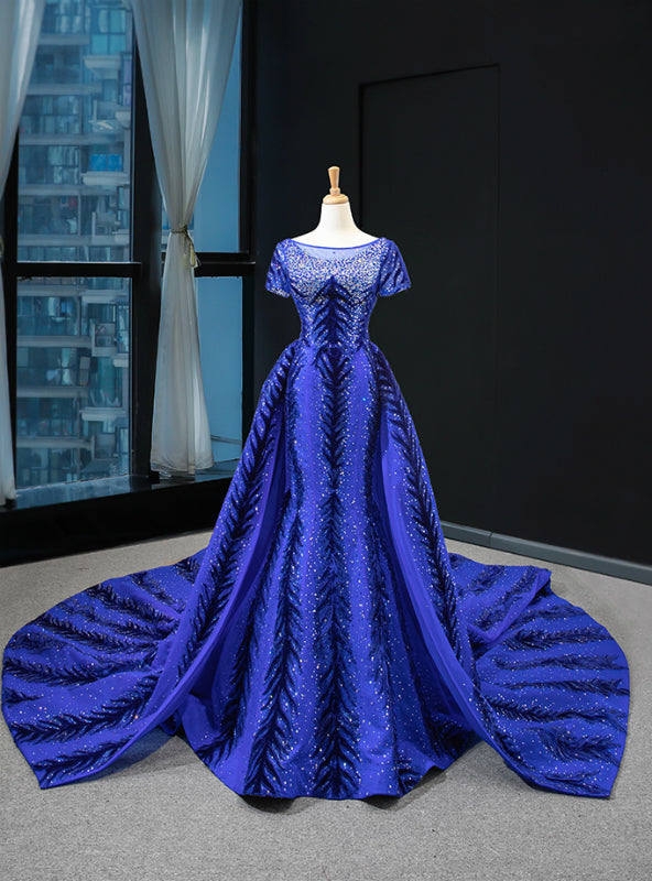 Blue Mermaid Velvet Backless Cap Sleeve Prom Dress With Removable Train