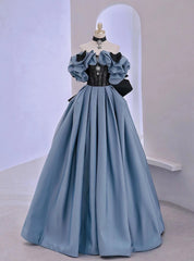 Blue Satin Black Lace Strapless Prom Dress