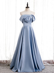 Blue Satin Strapless Pearls Long Prom Dress