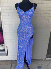 Blue Sequins Criss Cross Back Prom Dress