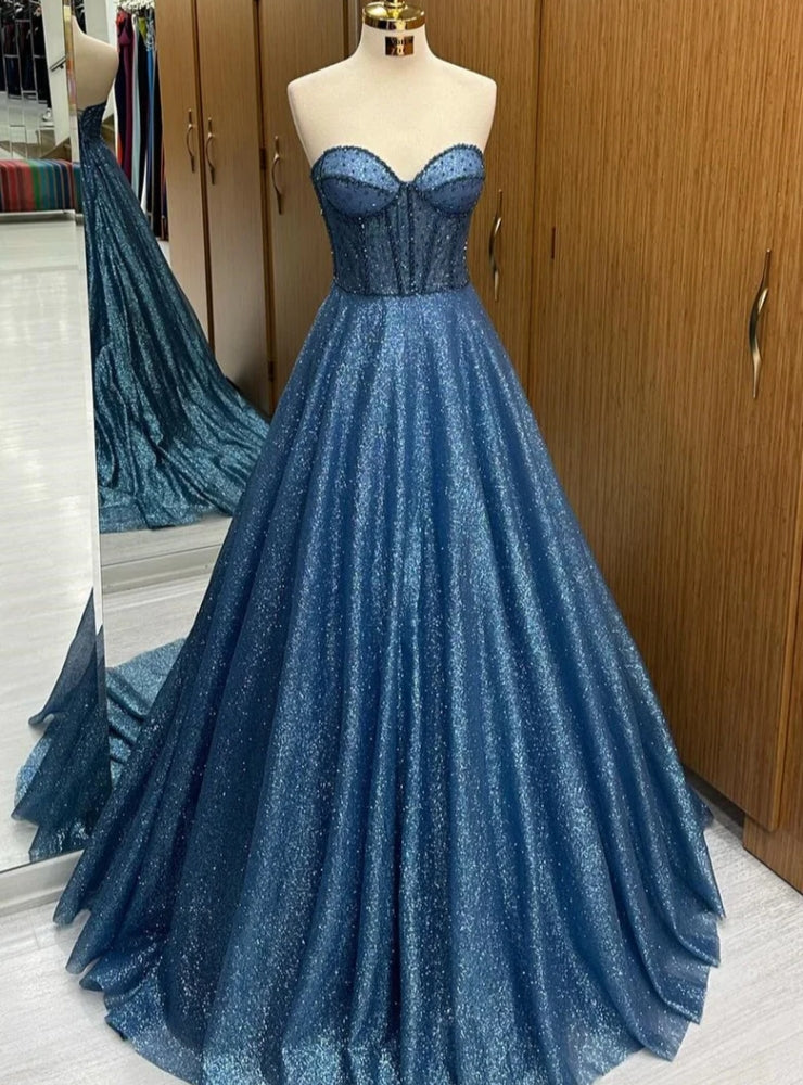 Blue Sequins Sweetheart Beading Prom Dress