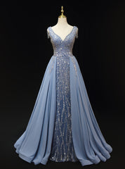 Blue Sequins V-neck Beading Prom Dress