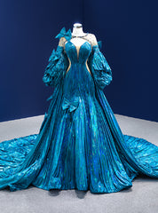 Blue Strapless Pleats Prom Dress With Shawl