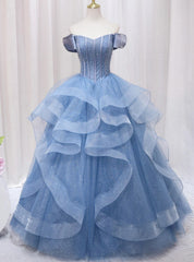 Blue Tulle Beading Off the Shoulder Prom Dress