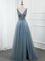 Blue Tulle Deep V-neck Backless Beading Sequins Prom Dress