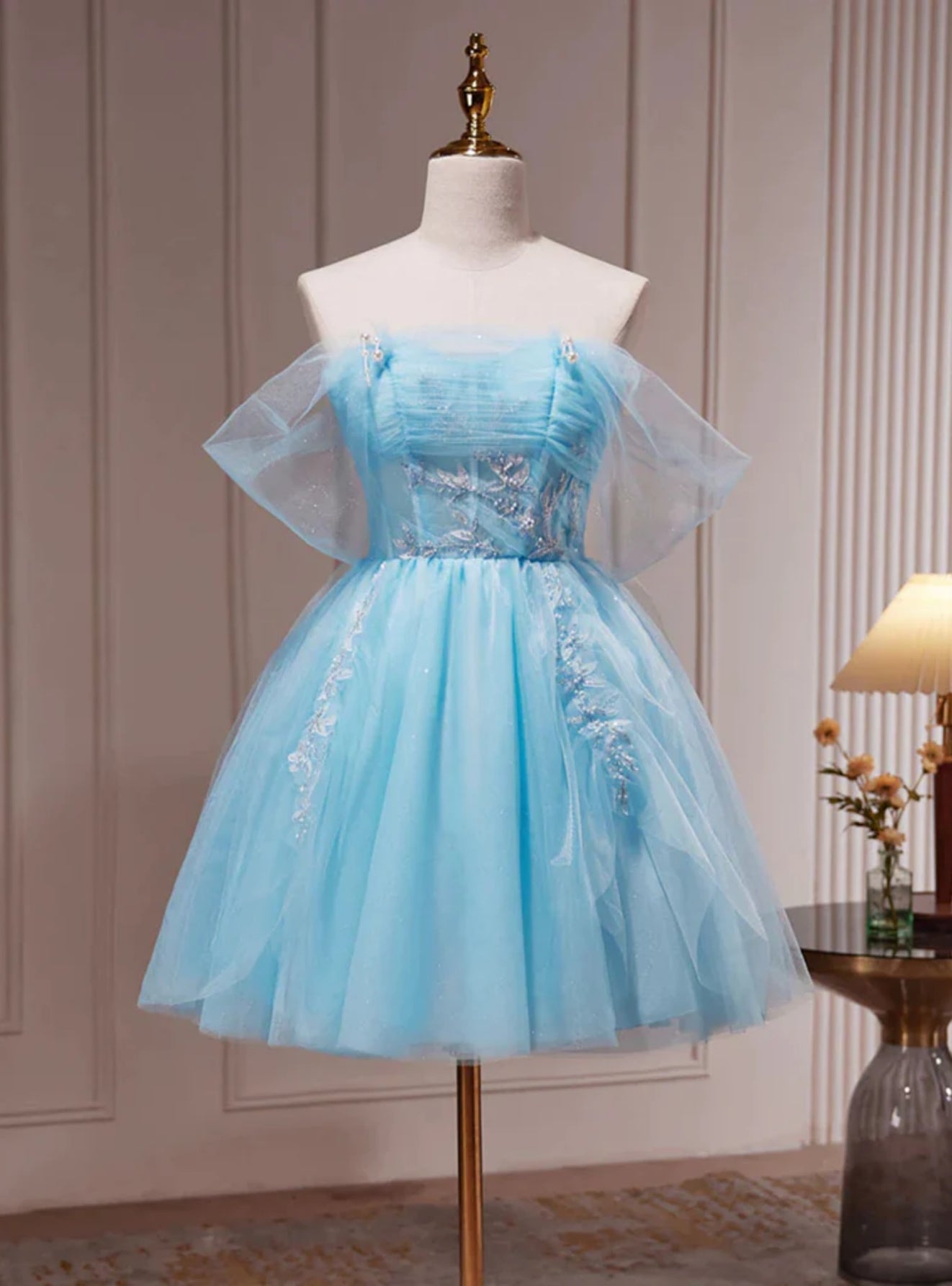 Blue Tulle Off the Shoulder Pleats Homecoming Dress