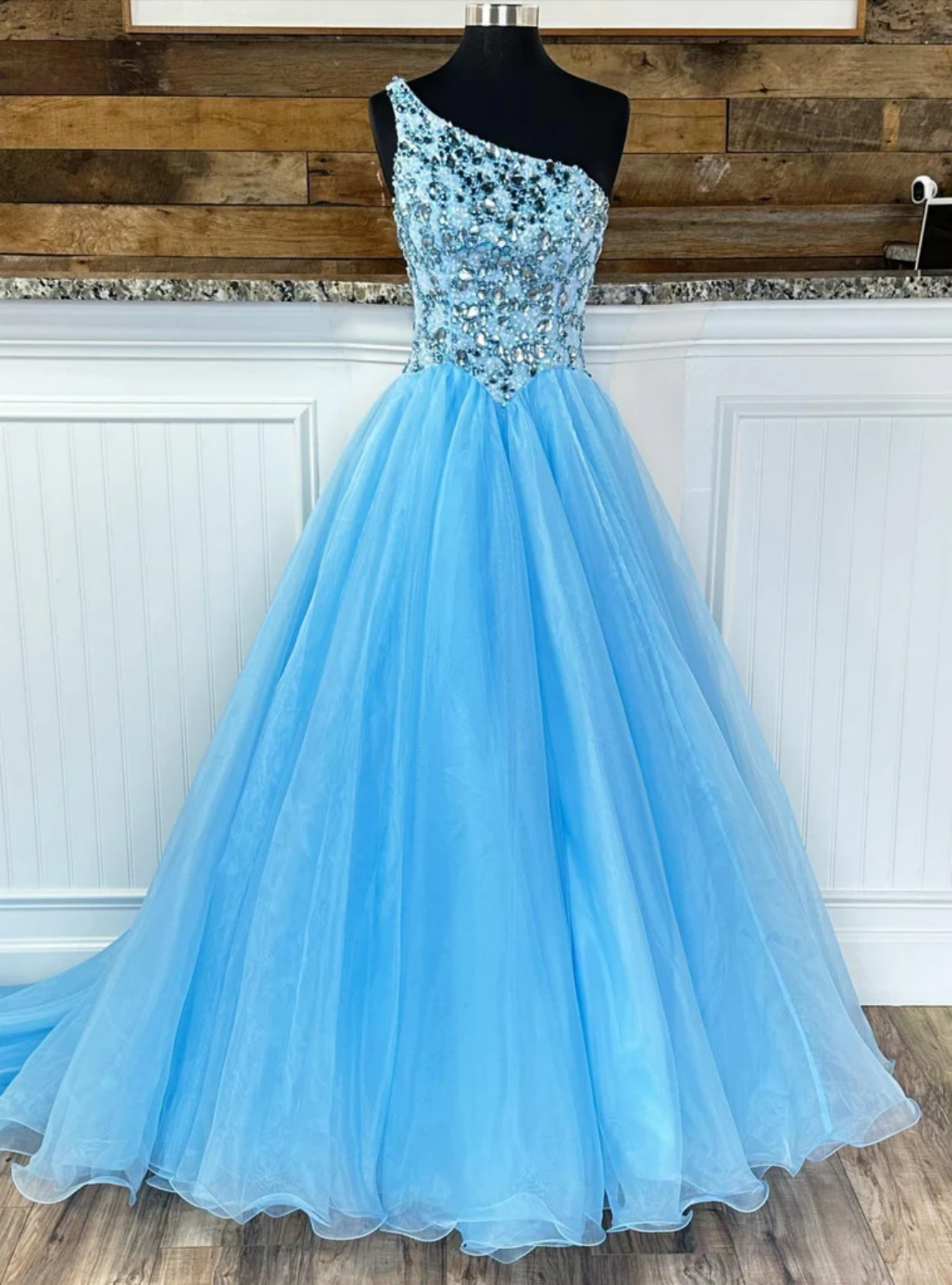 Blue Tulle One Shoulder Sequins Crystal Prom Dress