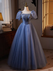 Blue Tulle Puff Sleeve Beading Prom Dress