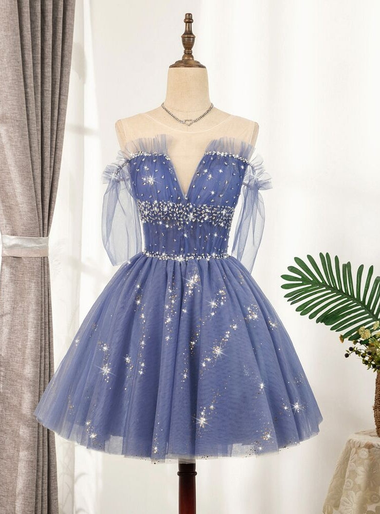 Blue Tulle Sequins Beading Homecoming Dress