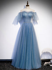 Blue Tulle Sequins Off the Shoulder Beading Pleats Prom Dress