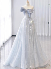 Blue Tulle Sequins Off the Shoulder Bow Prom Dress