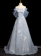 Blue Tulle Sequins Off the Shoulder Lace Flower Prom Dress