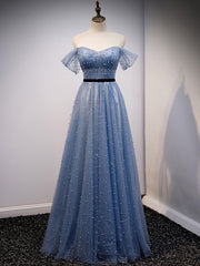 Blue Tulle Sequins Pearls Pleats Prom Dress