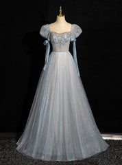 Blue Tulle Sequins Puff Sleeve Beading Prom Dress