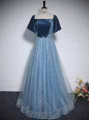 Blue Tulle Sequins Short Sleeve Velvet Prom Dress