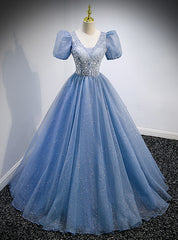 Blue Tulle Sequins V-neck Puff Sleeve Beading Sequins Prom Dress