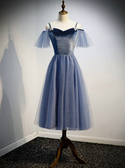 Blue Tulle Spagheti Straps Tea Length Beading Prom Dress