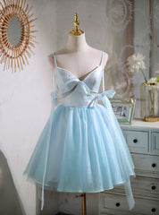 Blue Tulle Spaghetti Straps Pearls Homecoming Dress