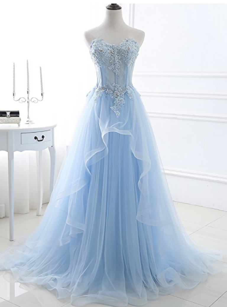 Blue Tulle Sweetheart Appliques Beading Prom Dresses