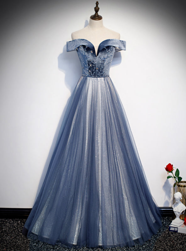 Blue Tulle Velvet Off the Shoulder Beading Prom Dress