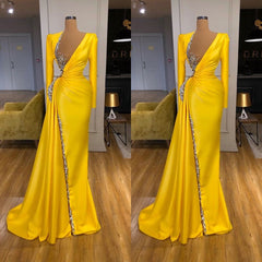 Bright Yellow V-neck Metallic Sequin Long sleeves Prom Dress